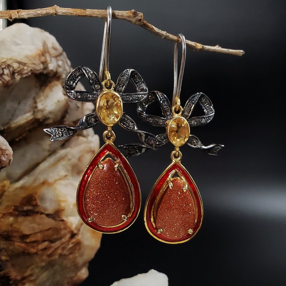Solid Sterling 925 Silver/18K Gold Earrings Genuine Diamond Citrine    Gemstone